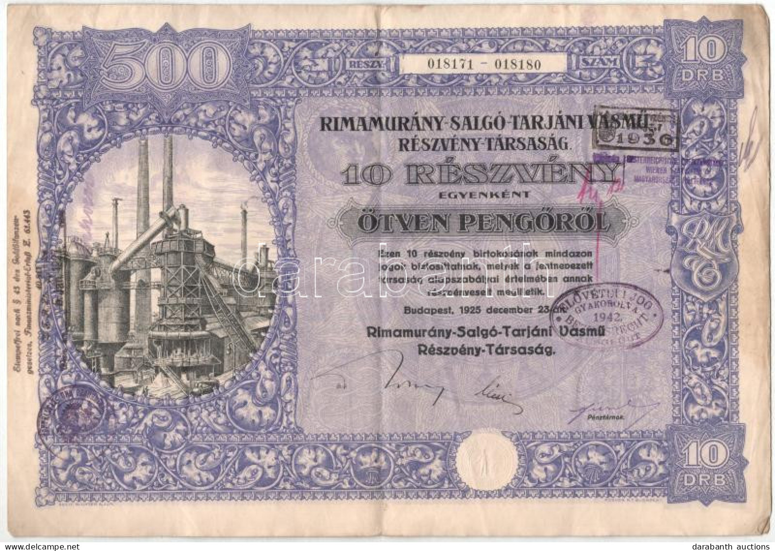 Budapest 1925. "Rimamurány-Salgó-Tarjáni Vasmű Részvény-Társaság" 10db Részvénye Egyben, Egyenként 50P-ről, Szárazpecsét - Unclassified