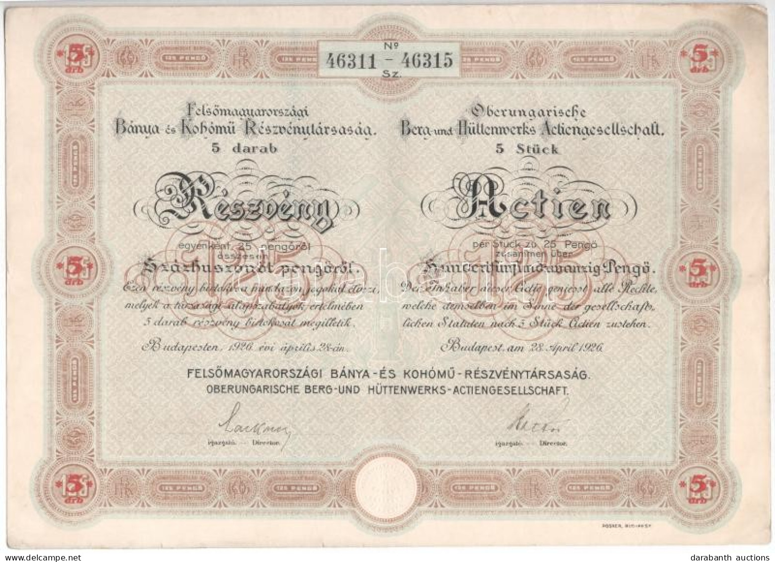 Budapest 1926. "Felsőmagyarországi Bánya-és Kohómű Részvénytársaság" öt Részvénye Egyben, összesen 125P-ről, Magyar és N - Unclassified