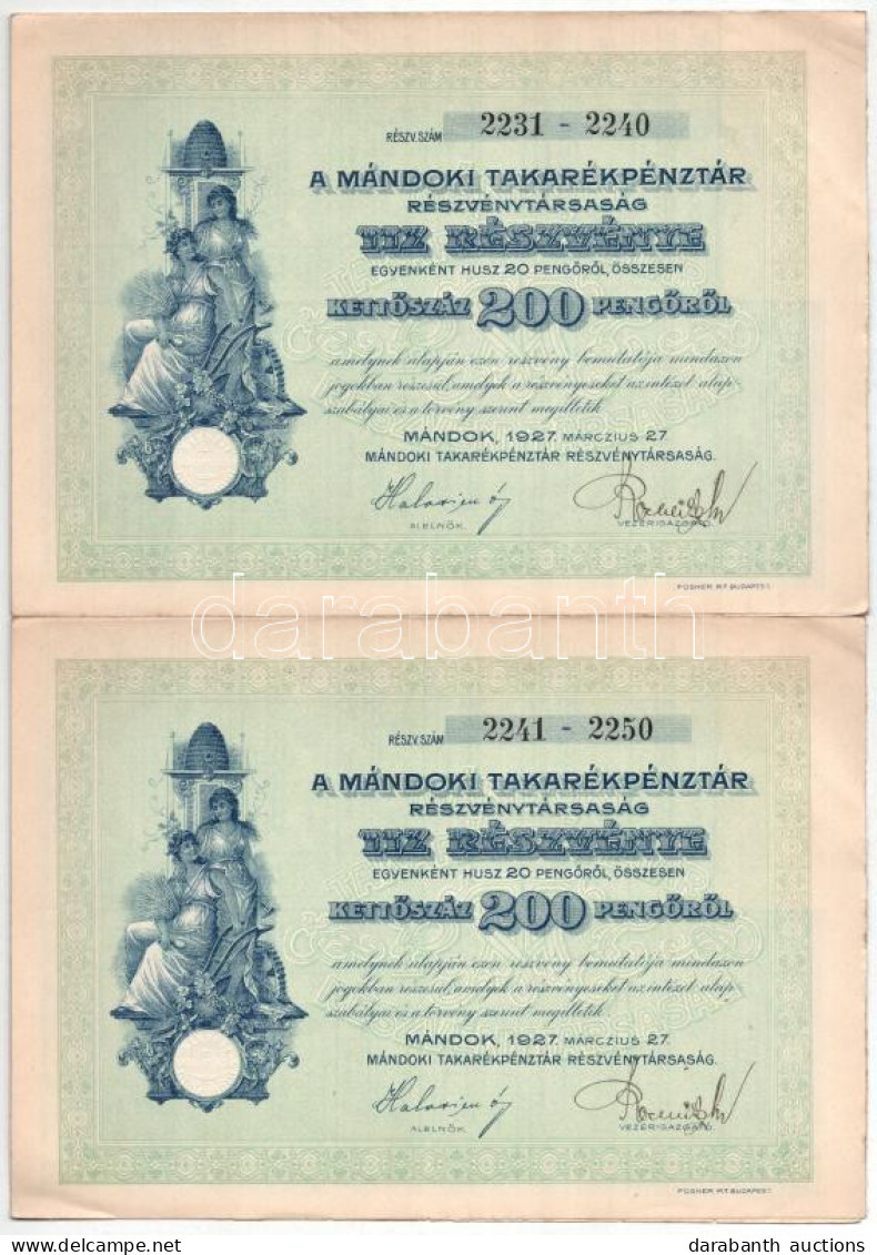 Mándok 1927. "Mándoki Takarékpénztár Részvénytársaság" Tíz Részvénye Egyenként 20P-ről, összesen 200P-ről (2x) Sorszámkö - Zonder Classificatie