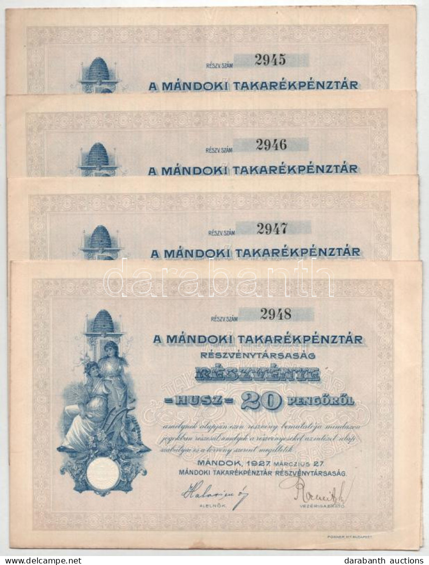 Mándok 1927. "Mándoki Takarékpénztár Részvénytársaság" Részvénye 20P-ről (4x) Sorszámkövetők, Szárazpecséttel, Szelvénye - Unclassified