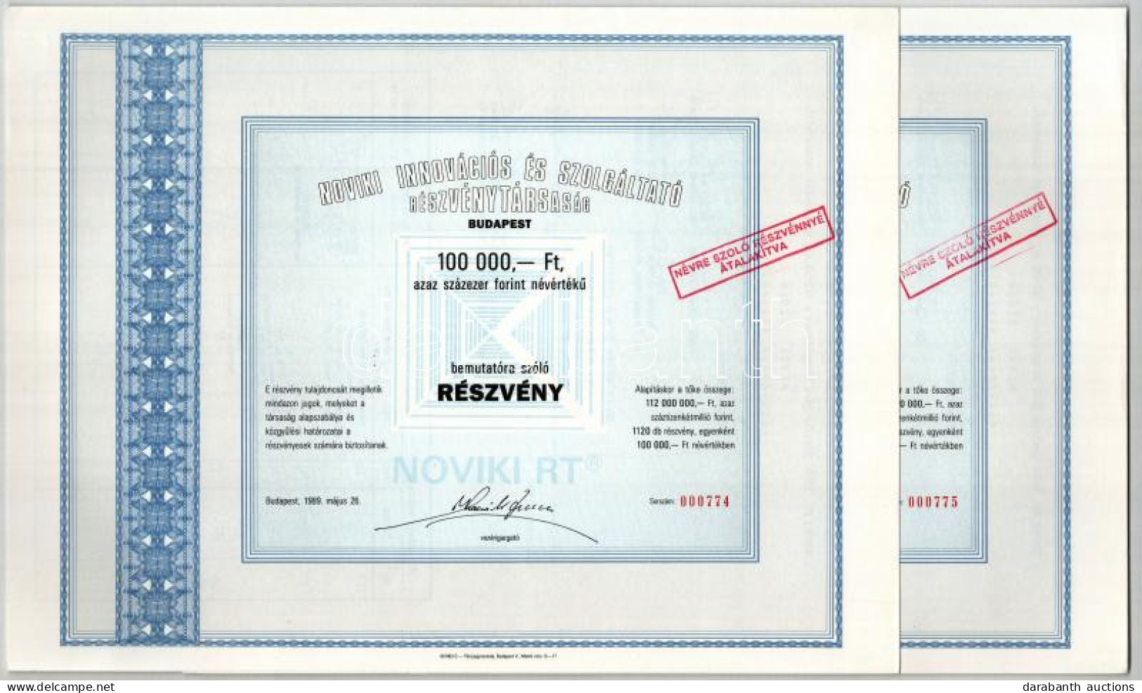 Budapest 1989. "Noviki Innovációs és Szolgáltató Részvénytársaság" Névre Szóló Részvénye 100.000Ft-ról (10x) Sorszámköve - Zonder Classificatie