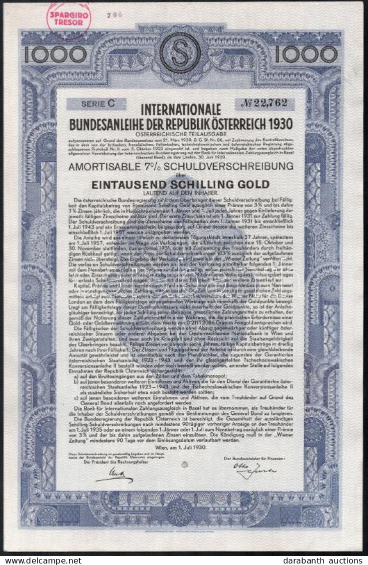 Ausztria 1930. "Az Osztrák Köztársaság Nemzetközi Szövetségi Kölcsöne" 7%-os Kötvénye 1000Sch-ről Bélyegzésekkel, Szelvé - Non Classés