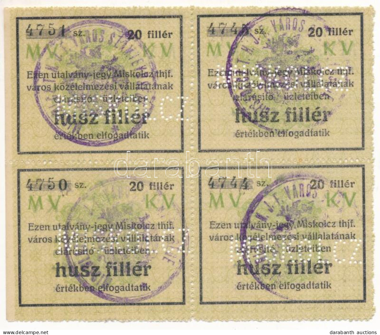 Miskolc ~1918-1919. 20f "Miskolcz Thjf." Utalvány-jegy Négyes ívben, Mind "MISKOLCZ" Perforációval, Bélyegzéssel T:AU Ad - Unclassified