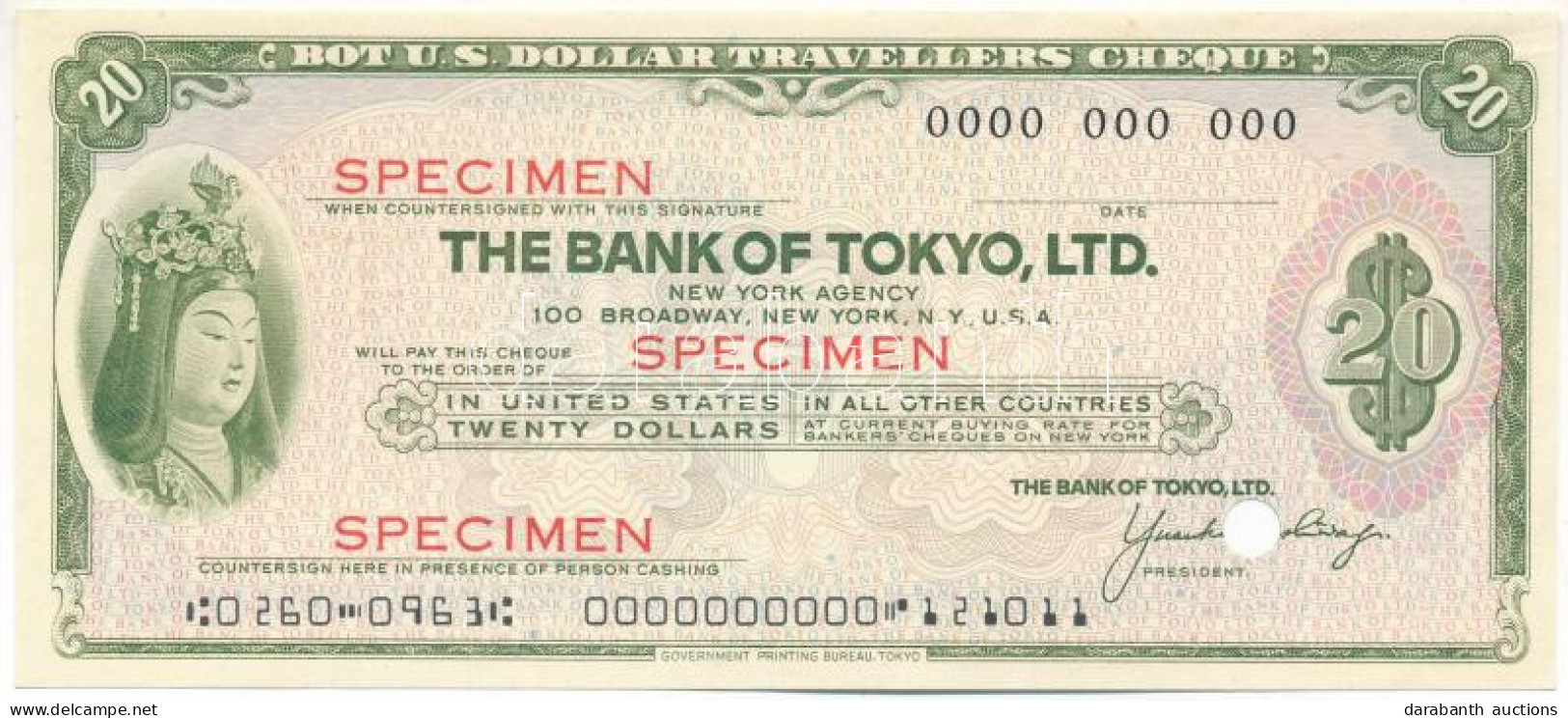 Amerikai Egyesült Államok DN "Tokió Bank" 20$ "SPECIMEN" Utazási Csekk Lyukasztással érvénytelenítve T:AU USA ND "The Ba - Ohne Zuordnung