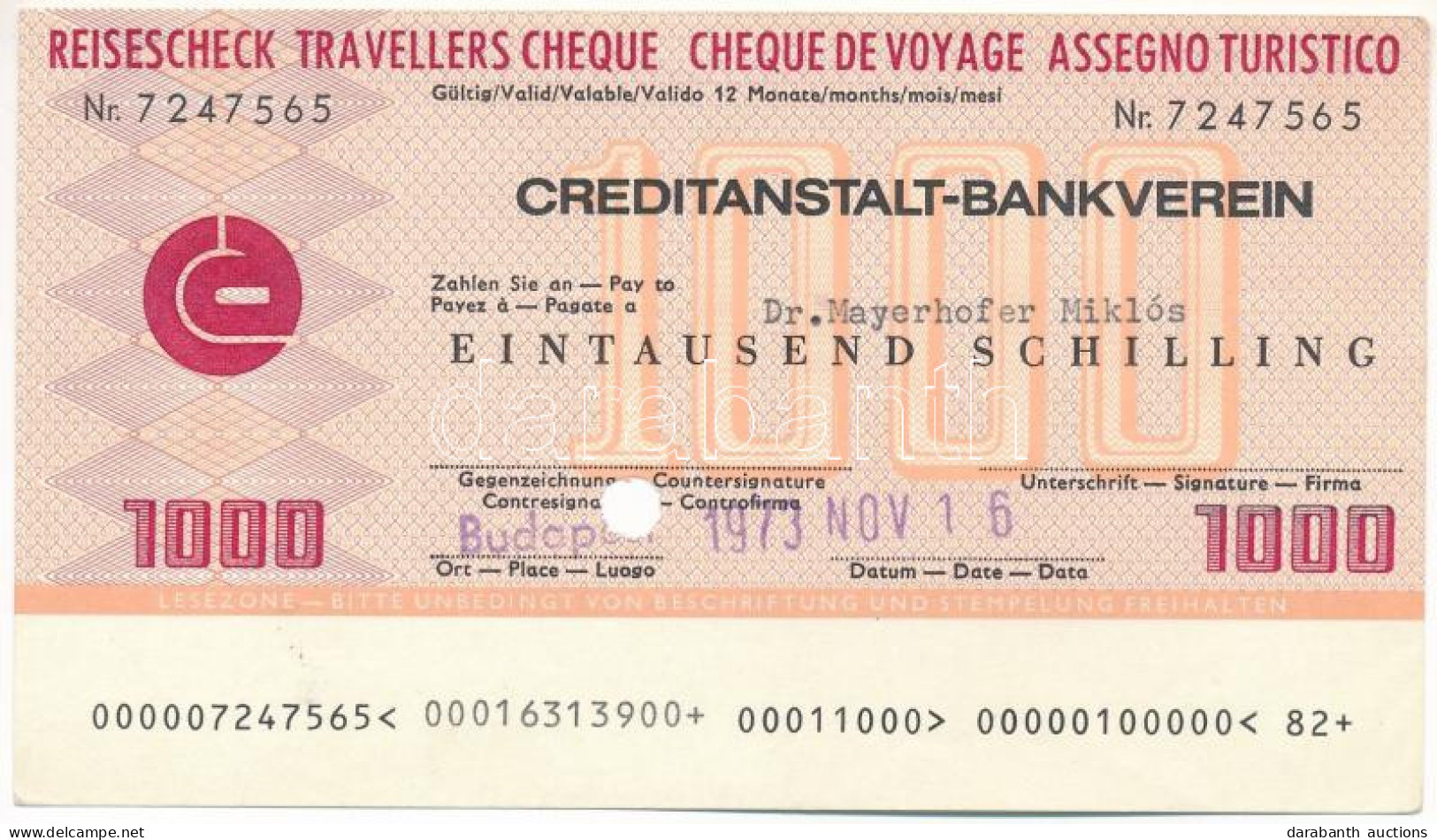 Ausztria / Bécs 1973. "Creditanstalt-Bankverein" Utazási Csekkje 1000Sch-ről, Lyukasztással érvénytelenítve T:AU Austria - Unclassified