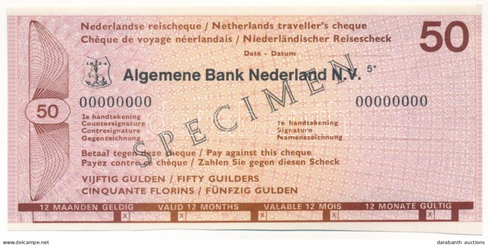 Hollandia DN "Általános Holland Bank" 50G "SPECIMEN" Utazási Csekk T:AU Jobb Szélen Hátoldalt Ragasztónyom  Netherlands  - Non Classés