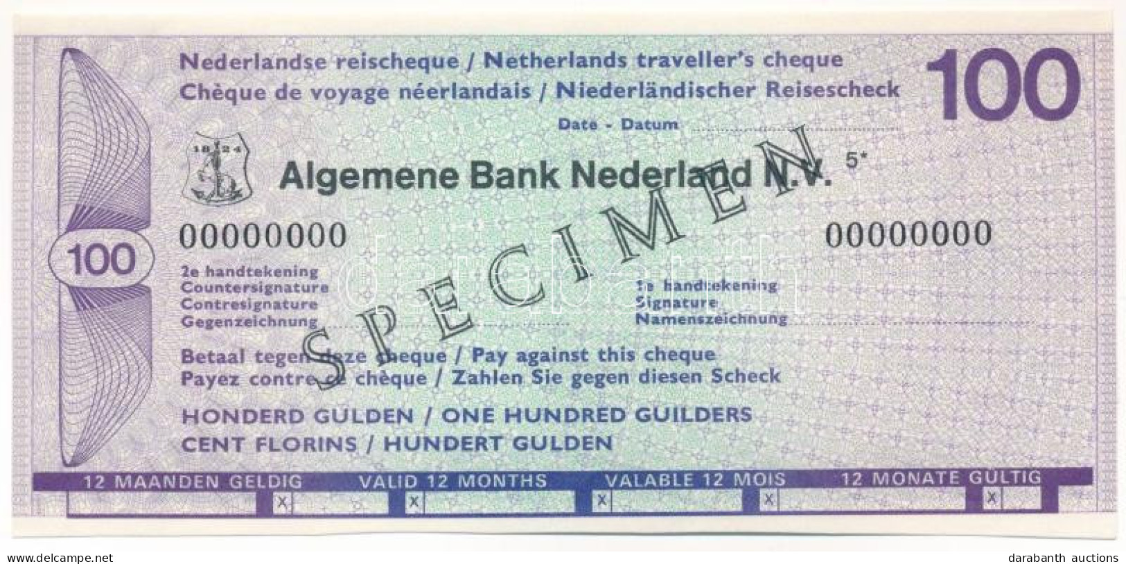 Hollandia DN "Általános Holland Bank" 100G "SPECIMEN" Utazási Csekk T:AU Jobb Szélen Hátoldalt Ragasztónyom  Netherlands - Non Classés