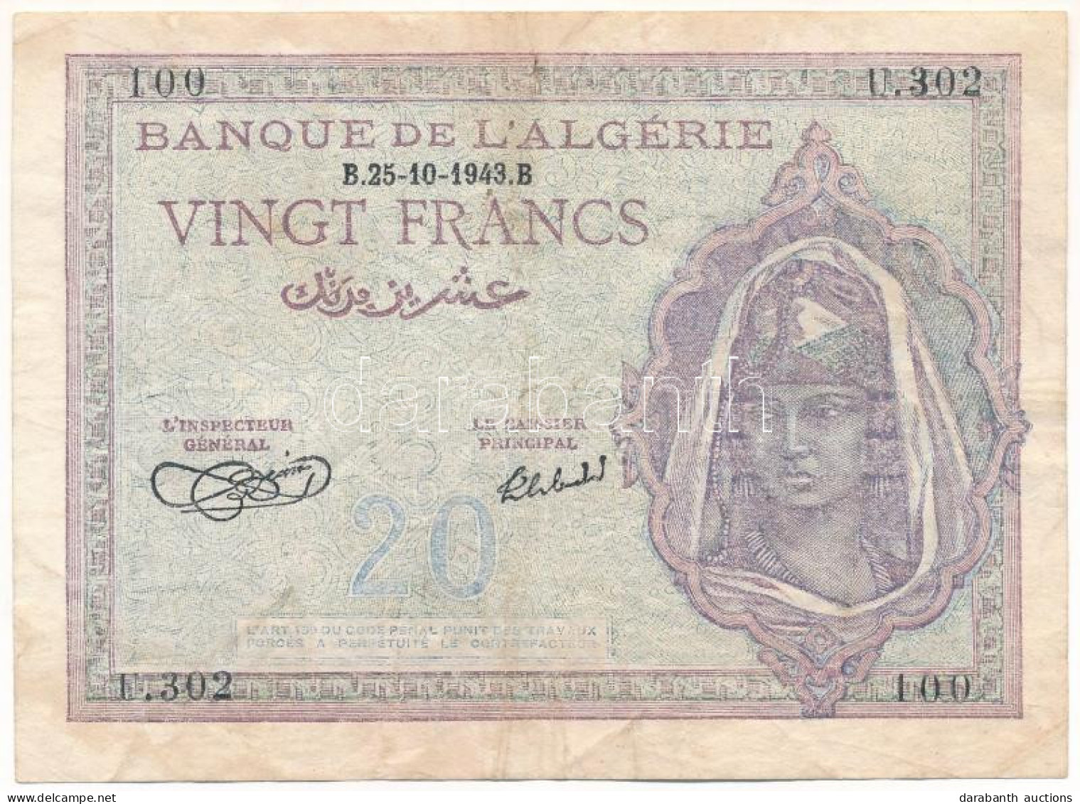 Algéria / Szövetséges Megszállás 1943. 20Fr T:F  Algeria / Allied Occupation 1943. 20 Francs C:F  Krause 92.a - Zonder Classificatie