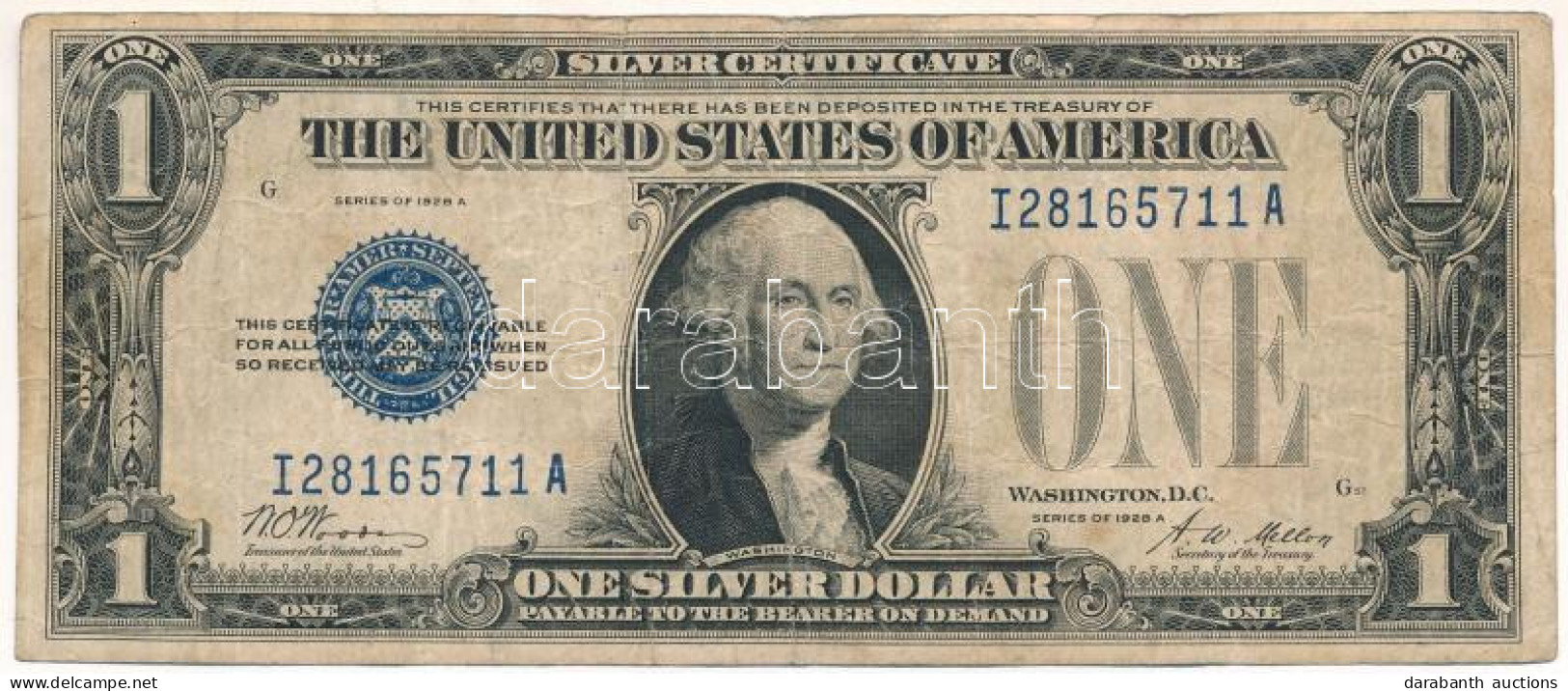 Amerikai Egyesült Államok 1928A 1$ Silver Certificate - Kisméretű", Kék Pecsét, "Walter Orr Woods - Andrew William Mello - Ohne Zuordnung