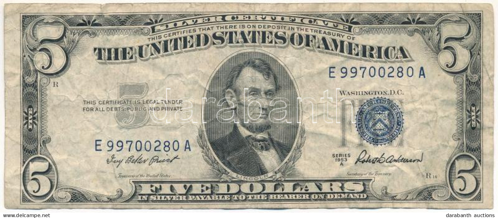 Amerikai Egyesült Államok 1953A 5$ "Silver Certificate - Kisméretű" Kék Pecsét "Ivy Baker Priest, Robert Bernard Anderso - Sin Clasificación