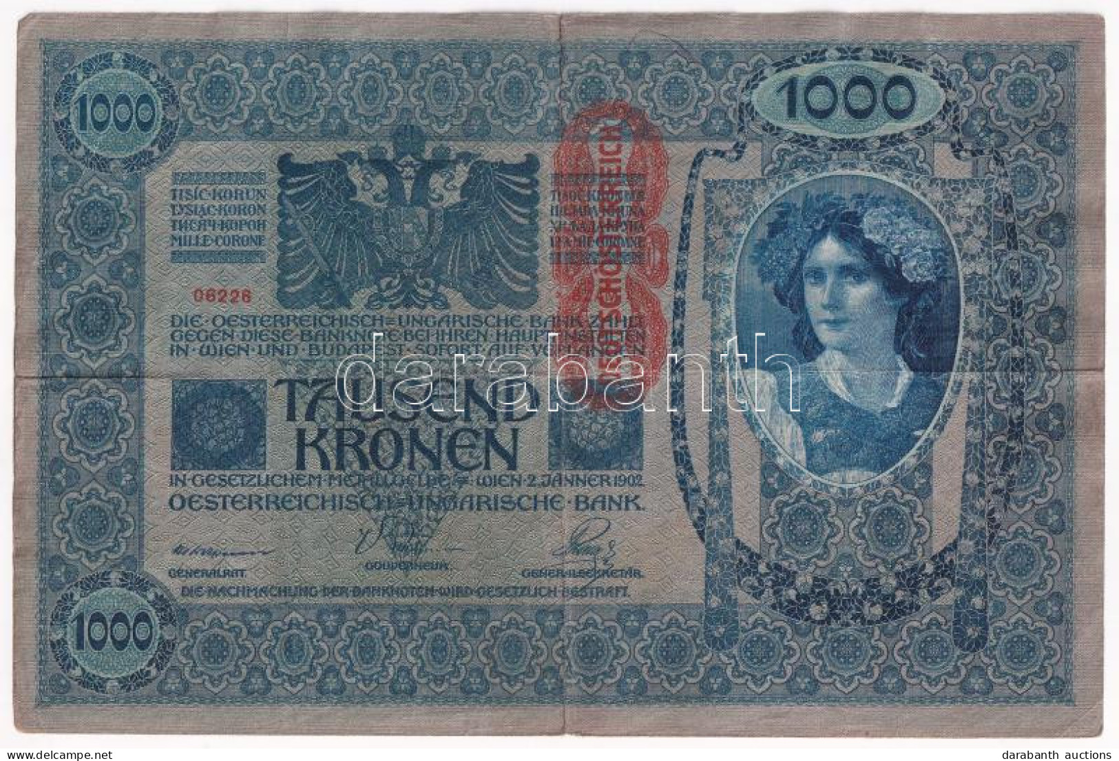Ausztria 1919. (1902) 1000K, Piros Függőleges "DEUTSCHÖSTERREICH" Felülbélyegzéssel, Mindkét Oldala Német T:III Austria  - Ohne Zuordnung