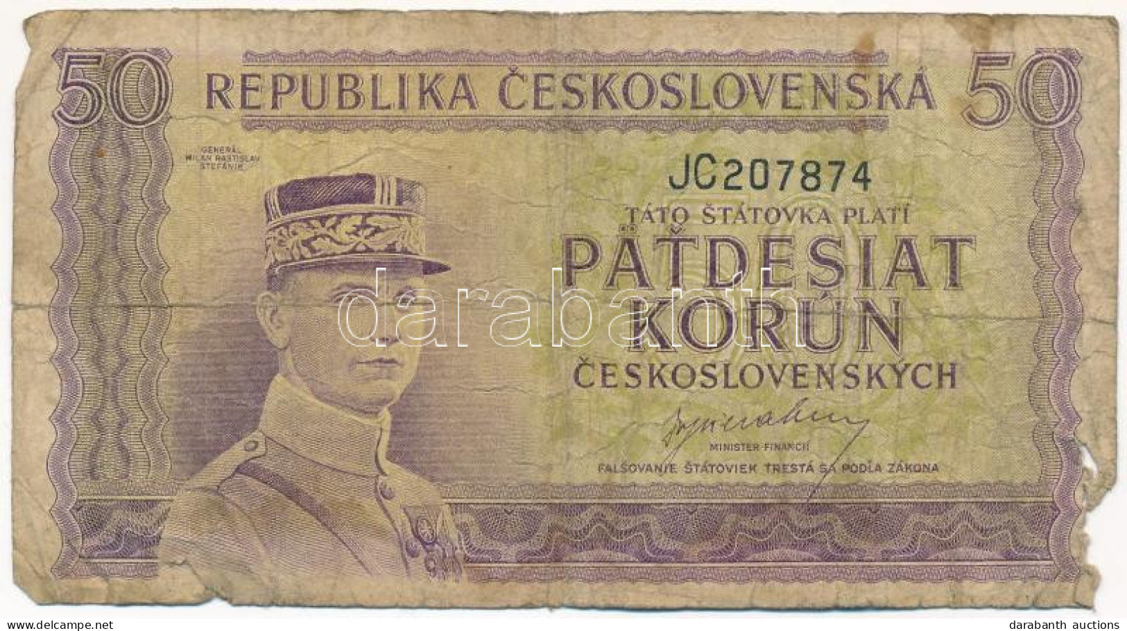 Csehszlovákia 1945-1948. 50K T:VG Kis Papírhiány Czechoslovakia 1945-1948. 50 Korun C:VG Small Missing Paper Krause P#62 - Non Classés