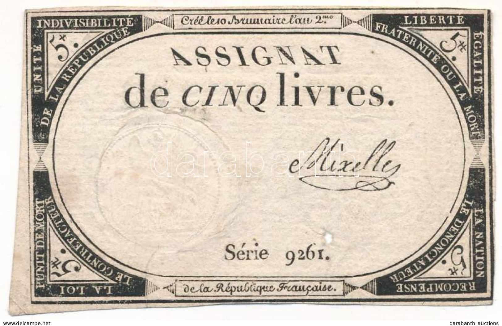 Franciaország 1793. 5L "Assignata" T:F Ly. France 1793. 5 Livres "Assignata" C:F Hole Krause P#A76 - Ohne Zuordnung