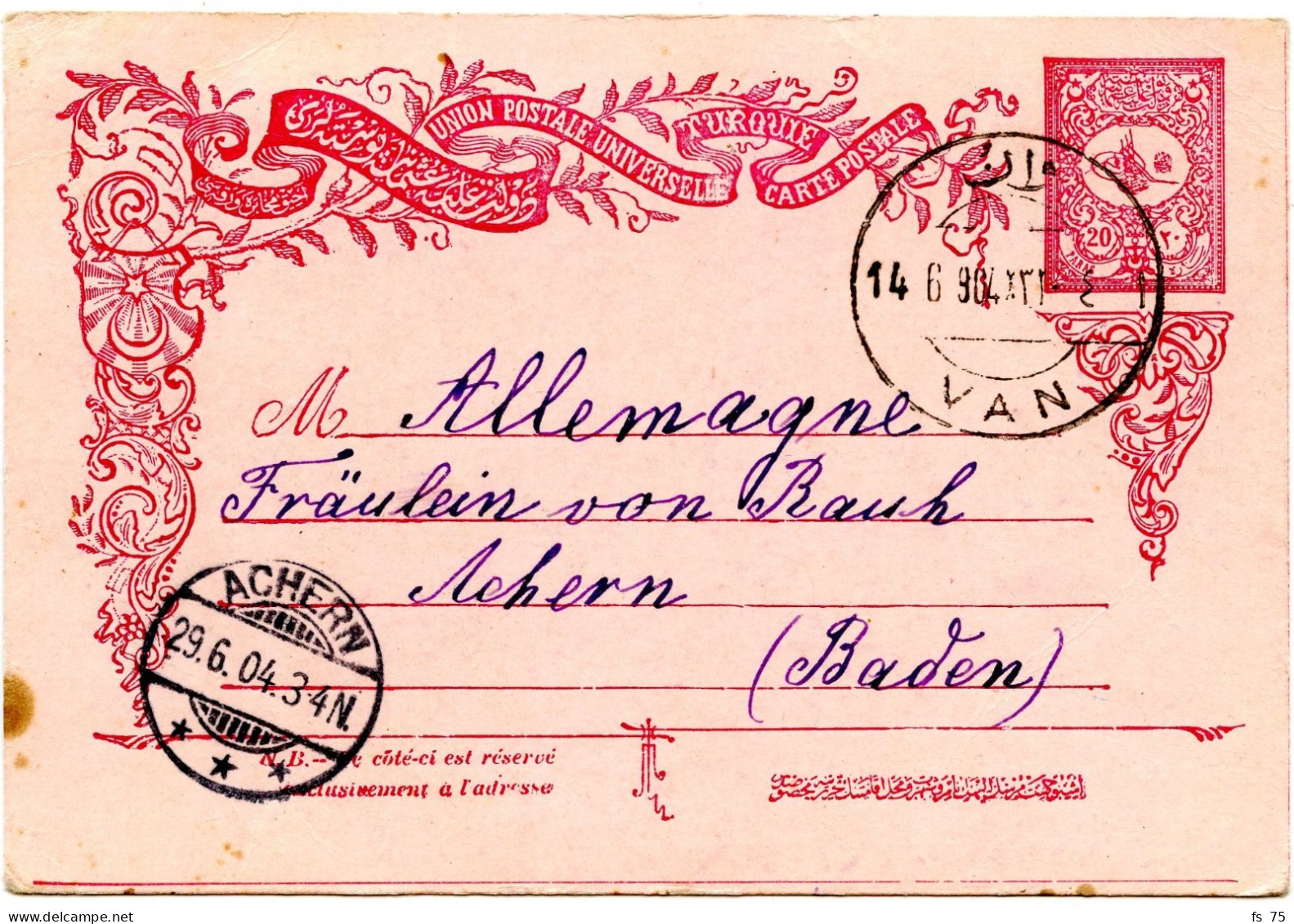 TURQUIE - ENTIER 20 P. DE VAN POUR ACHERN, 1904 - Storia Postale