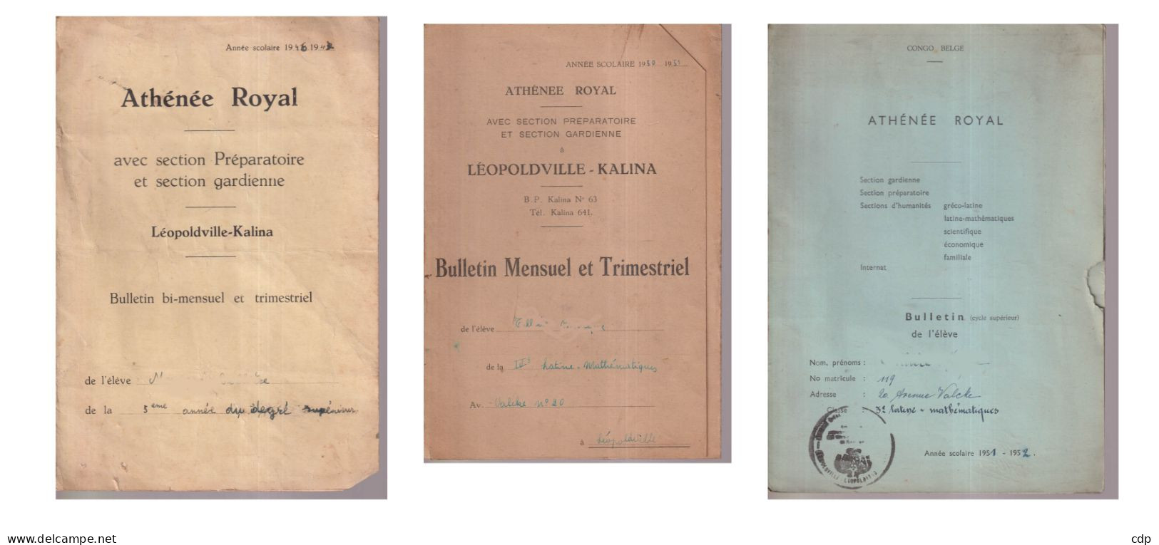 Lot 3 Bulletins Athénée Royal Léopoldville Congo Belge - Diplomi E Pagelle