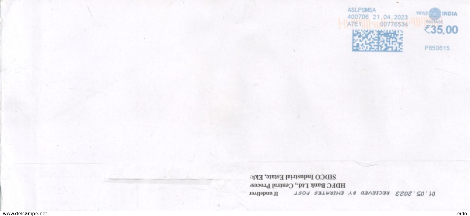 INDIA. - 2023, POSTAL FRANKING MACHINE COVER TO DUBAI. - Covers & Documents