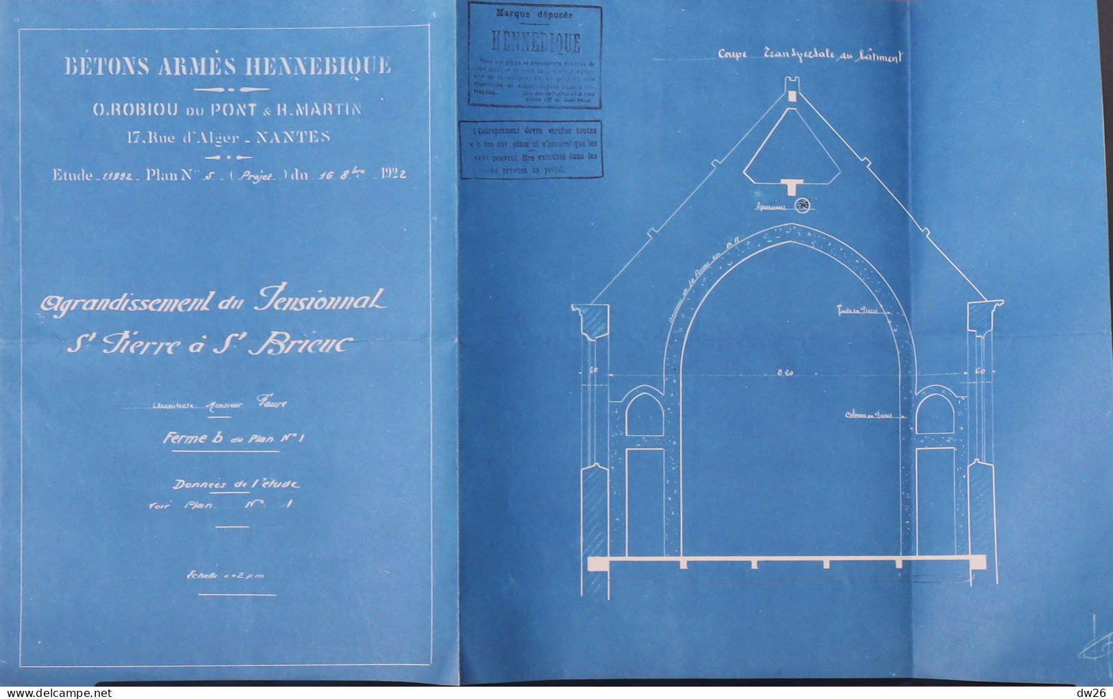 Plans D'architecte et Documents: l'Agrandissement du Pensionnat Saint-Pierre à St Brieuc (Côtes du Nord) 1922