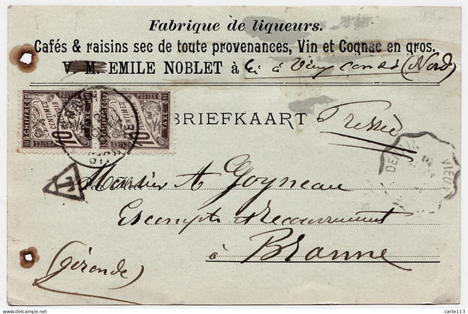 59 - B21192CPA - VIEUX CONDE - Carte Publicitaire Non Illustree Commerciale EMILE NOBLET - Assez Bon état - NORD - Vieux Conde