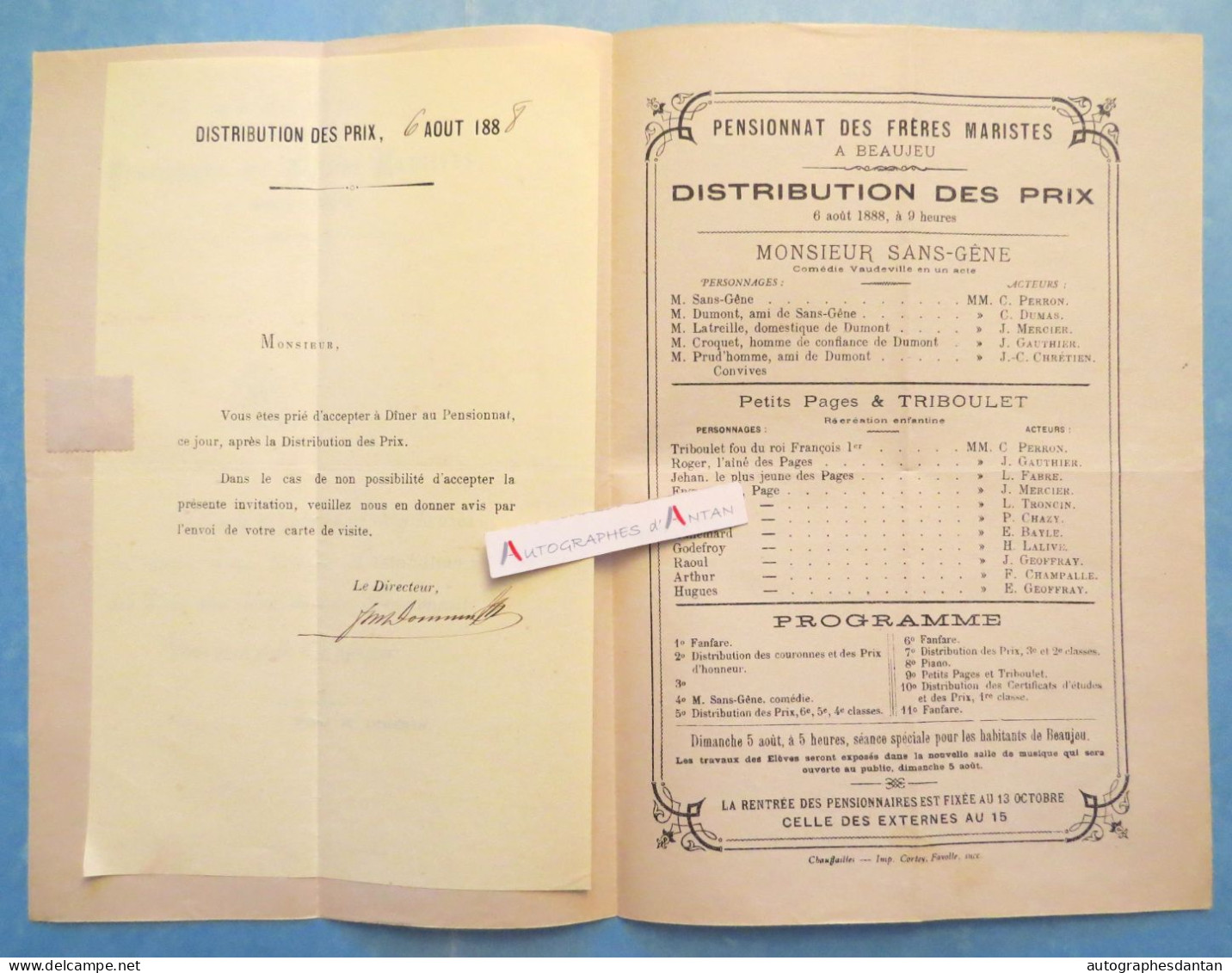 ● BEAUJEU 1888 Pensionnat Des Frères Maristes - Distribution Des Prix - Programme Théâtre Et Fanfare - DOMNIN - Rhône - Diplomi E Pagelle