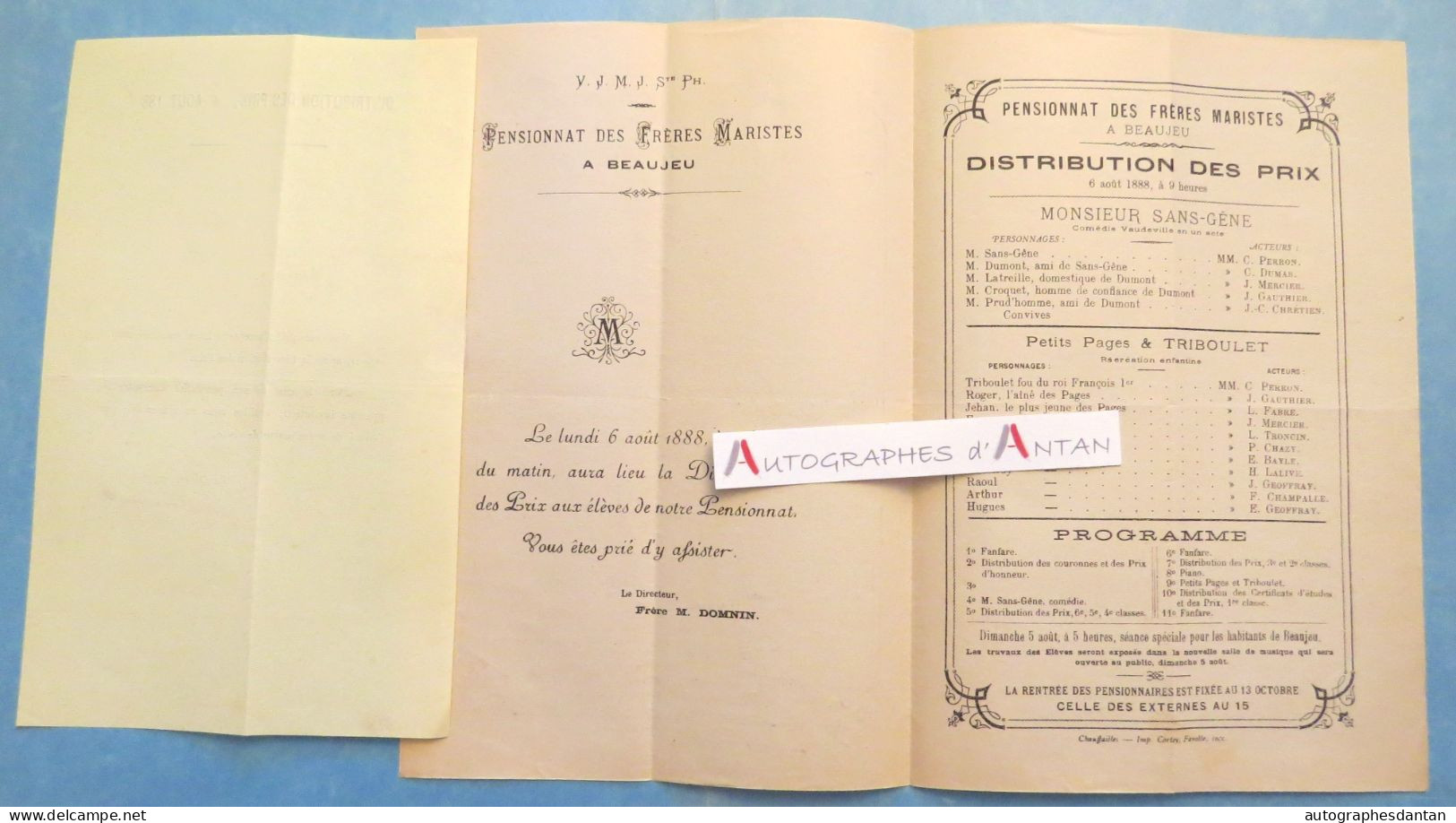 ● BEAUJEU 1888 Pensionnat Des Frères Maristes - Distribution Des Prix - Programme Théâtre Et Fanfare - DOMNIN - Rhône - Diplomi E Pagelle