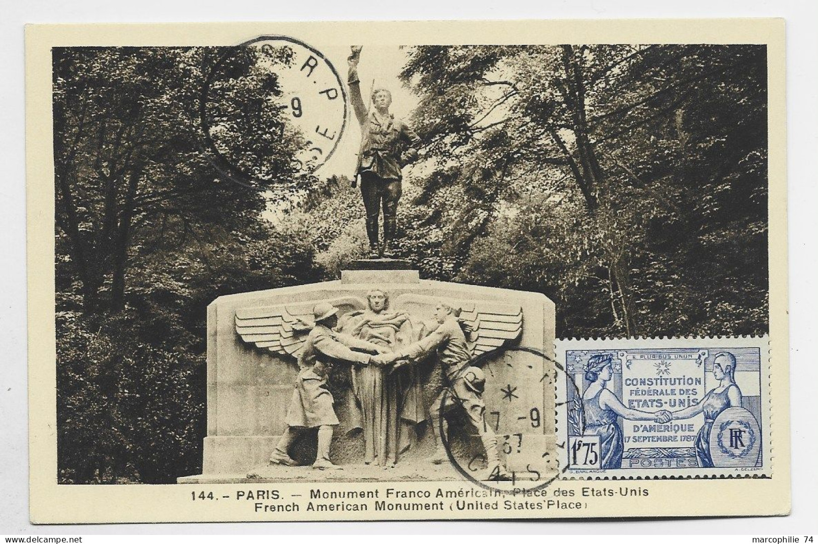 FRANCE N° 357 1FR75 ETATS UNIS CARTE MAXIMUM PARIS RP CAISS 19.9.1937 COTE 135€ 1ER JOUR DU TIMBRE - ....-1949