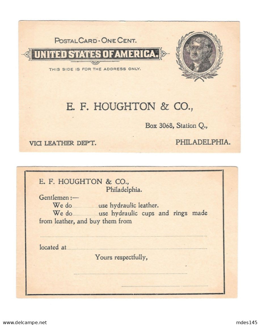 USA Scott UX14 E F Houghton Philadelphia PA Ad Hydraulic Leather Advertising Postal Card - ...-1900