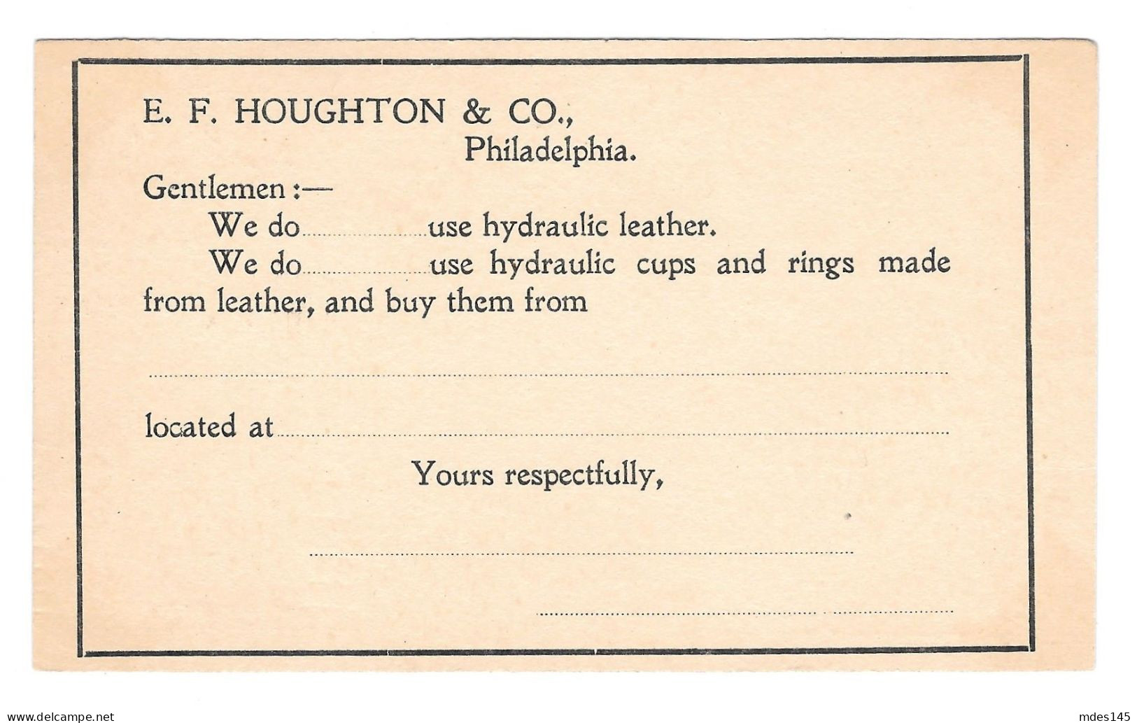 USA Scott UX14 E F Houghton Philadelphia PA Ad Hydraulic Leather Advertising Postal Card - ...-1900