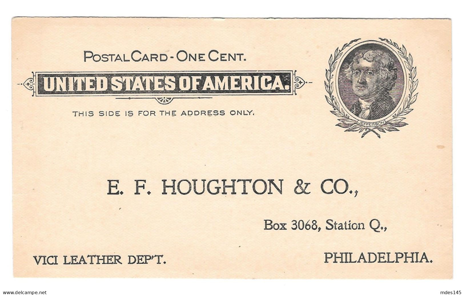 USA Scott UX14 E F Houghton Philadelphia PA Ad Hydraulic Leather Advertising Postal Card - ...-1900