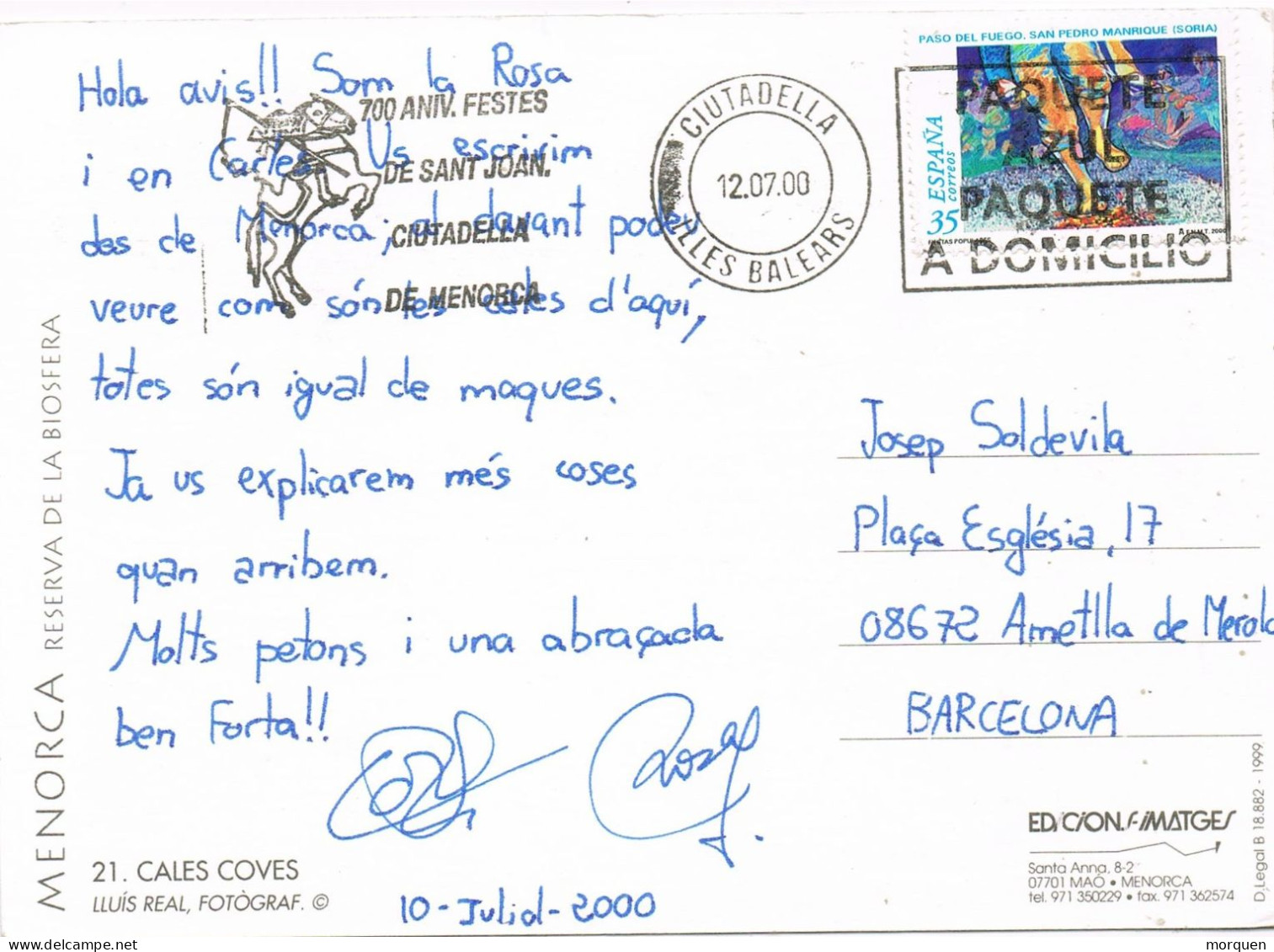 54358. Postal CIUDADELA (Menorca) Baleares 2000.  Vista De CALES COVES - Cartas & Documentos