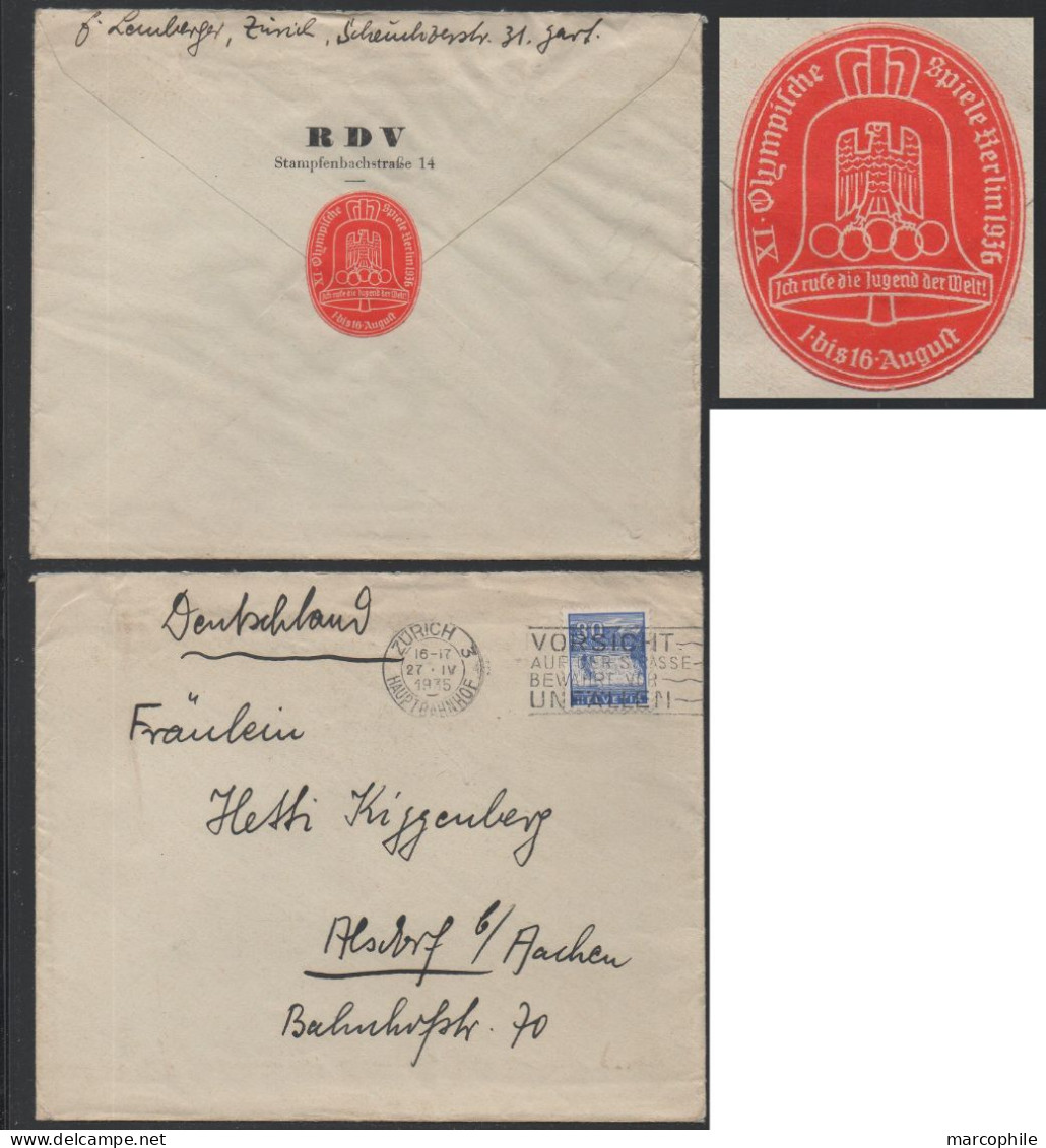 JEUX OLYMPIQUES DE BERLIN / 1936 VIGNETTE - LABEL SUR LETTRE DE SUISSE ==> ALLEMAGNE (ref 2587) - Ete 1936: Berlin