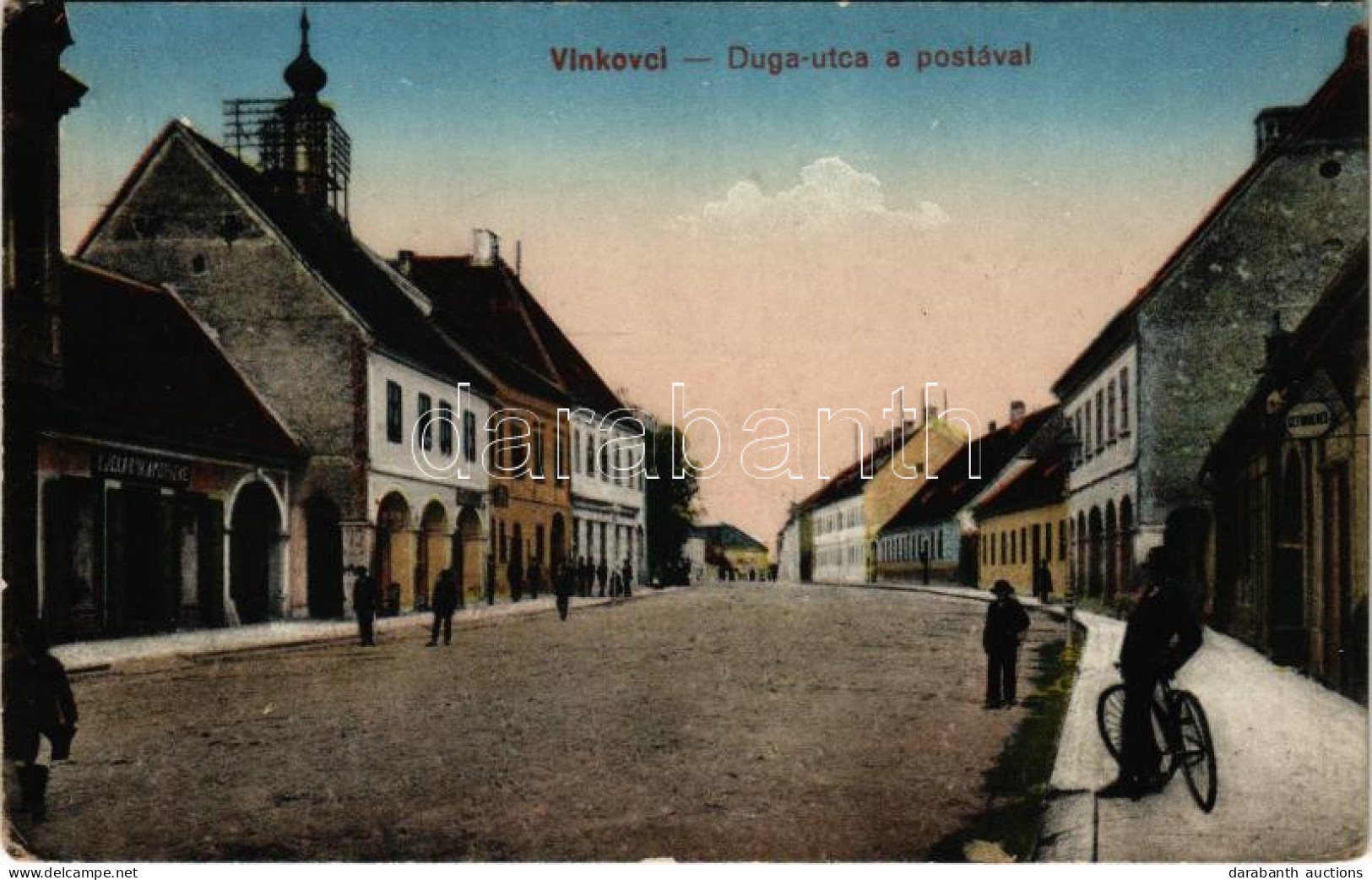 T2/T3 1917 Vinkovce, Vinkovci; Duga Utca, Posta, Gyógyszertár. Vasúti Levelezőlapárusítás 8829. / Street View, Post Offi - Unclassified