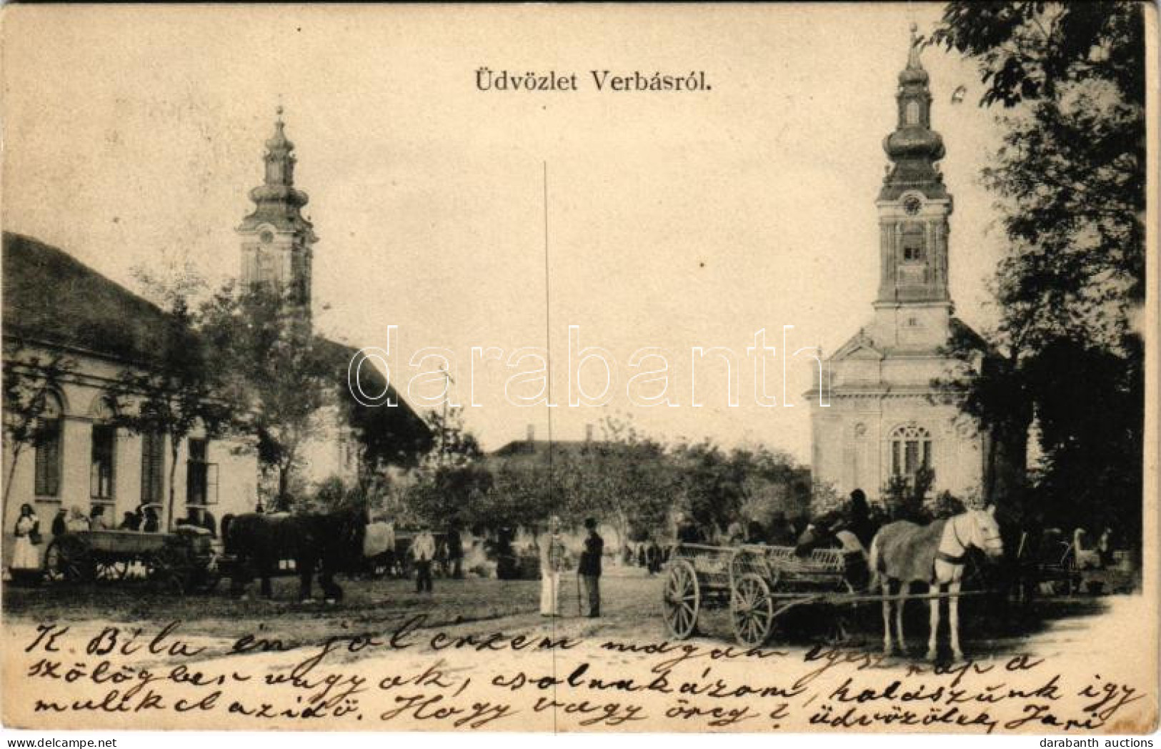 T2/T3 1908 Verbász, Vrbas; Fő Tér, Templomok, Lovaskocsik. D. Pavlovits Kiadása / Main Square, Churches, Horse Carts (EK - Non Classés
