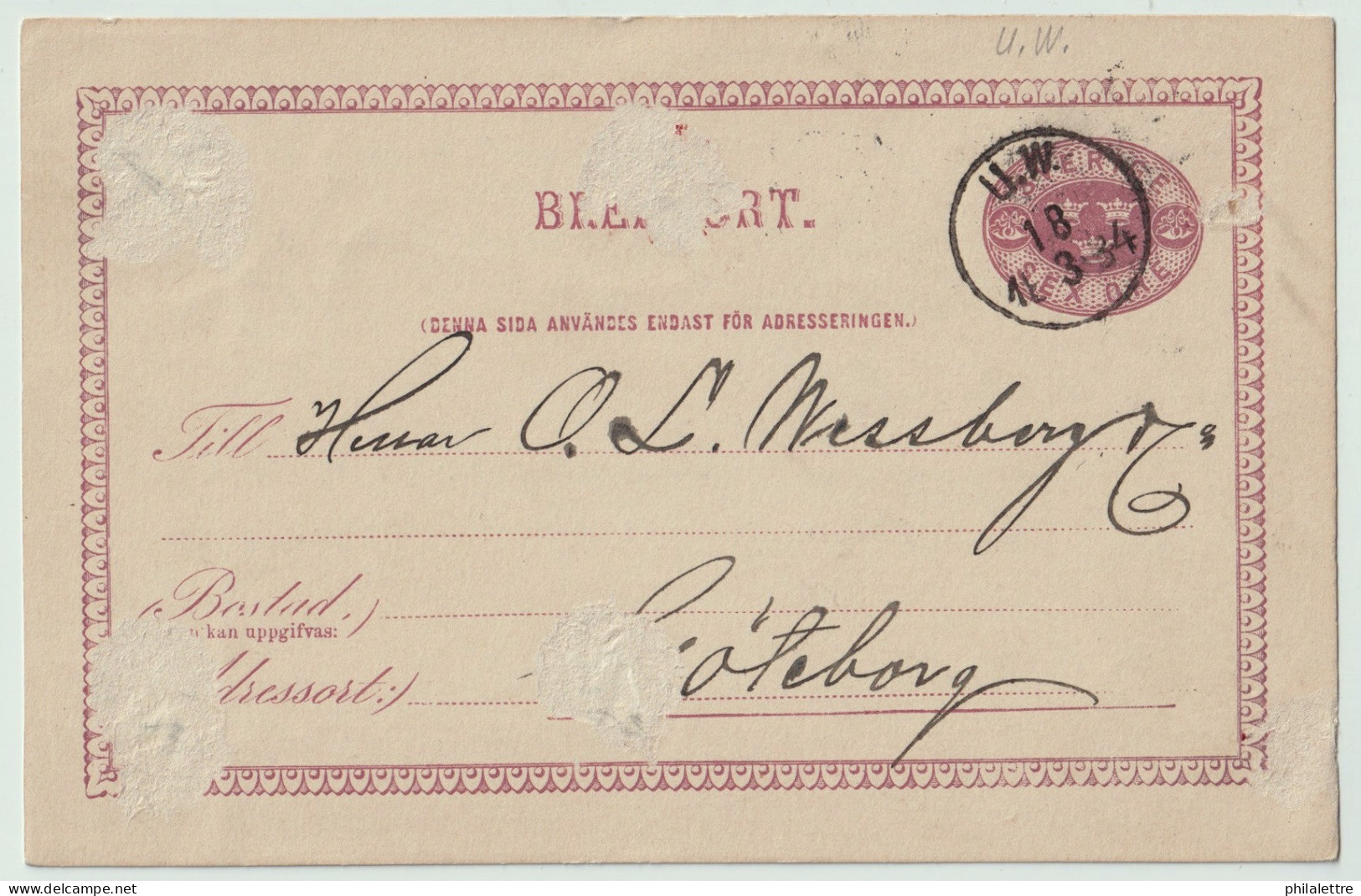 SUÈDE / SWEDEN - 1884 - TPO CDS "U.W." (Ulricehamn-Wartofta) On 6ö Postal Card Mi.P7 Addressed To Göteborg - Covers & Documents