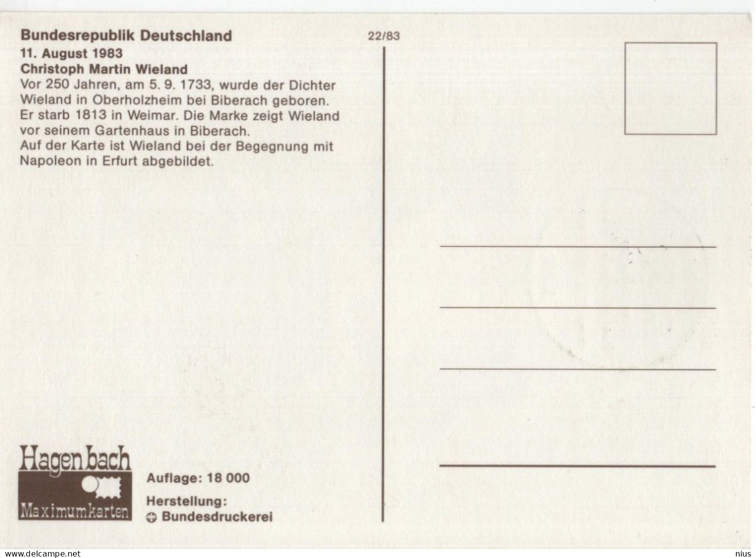 Germany Deutschland 1983 Maximum Card, Christoph Martin Wieland, German Poet And Writer, Canceled In Bonn - 1981-2000
