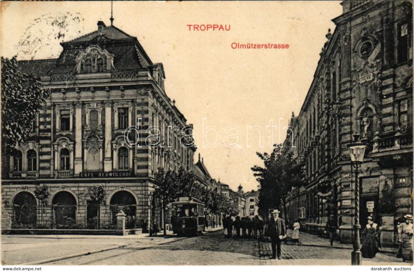 T2/T3 1911 Opava, Troppau; Olmützerstrasse, Cafe Hedwigshof / Street, Tram, Shop, Cafe (EK) - Unclassified