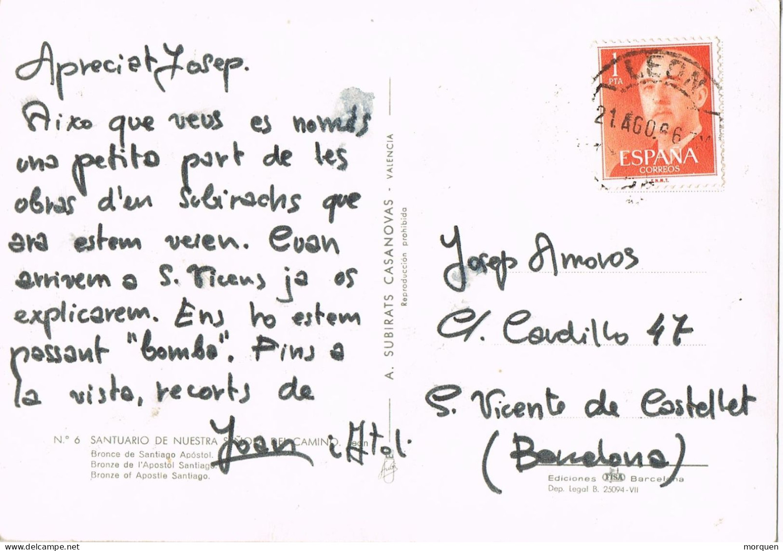 54361. Postal LEON 1966. Santuario Nuestra Sra Del Camino, Bronce De Santiago Apostol - Lettres & Documents