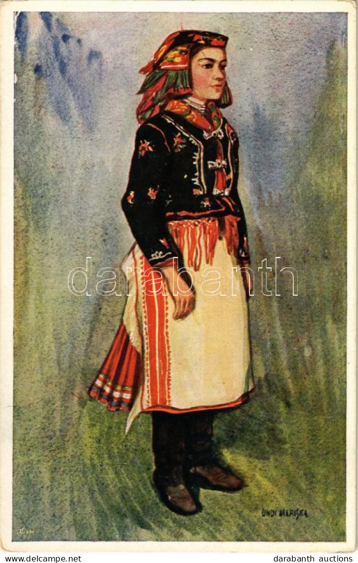 ** T2/T3 Tardi Matyó Menyecske, Magyar Népviselet, Folklór / Hungarian Folklore Art Postcard S: Undi Mariska (EK) - Non Classés