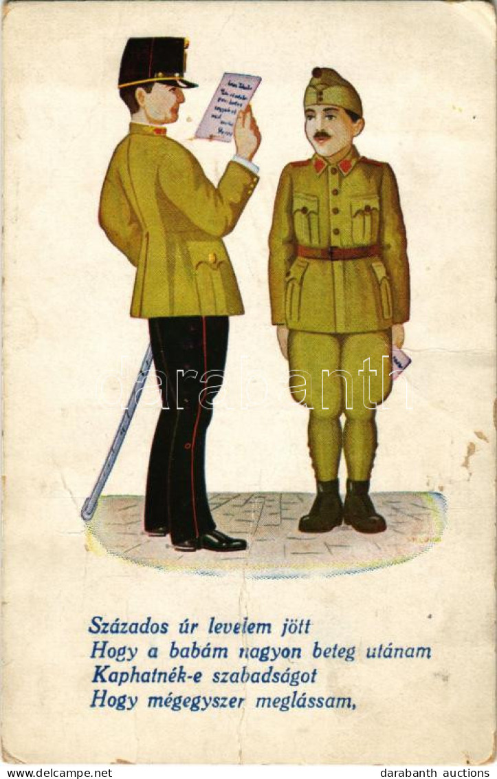 * T3 Százados úr Levelem Jött, Hogy A Babám Nagyon Beteg Utánam... Kulka Jenő Kiadása / Hungarian Military Art Postcard  - Zonder Classificatie