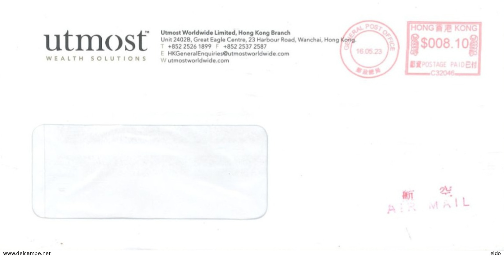 HONG KONG - 2023, P0STAL FRANKING MACHINE COVER TO DUBAI. - Lettres & Documents