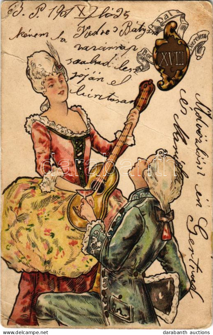 T4 1901 Bor, Dal, Szerelem XVIII. C. / Baroque Couple, Wine Art Postcard, Litho (b) - Non Classés
