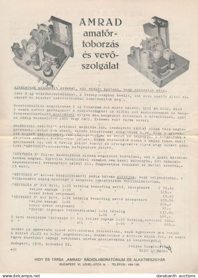 1938 Hidy és Társa "AMRAD" Rádiólaboratórium és Alkatrészgyár A4-esre Kinyitható Négy Oldalas Reklámja. Budapest, Lehel  - Ohne Zuordnung