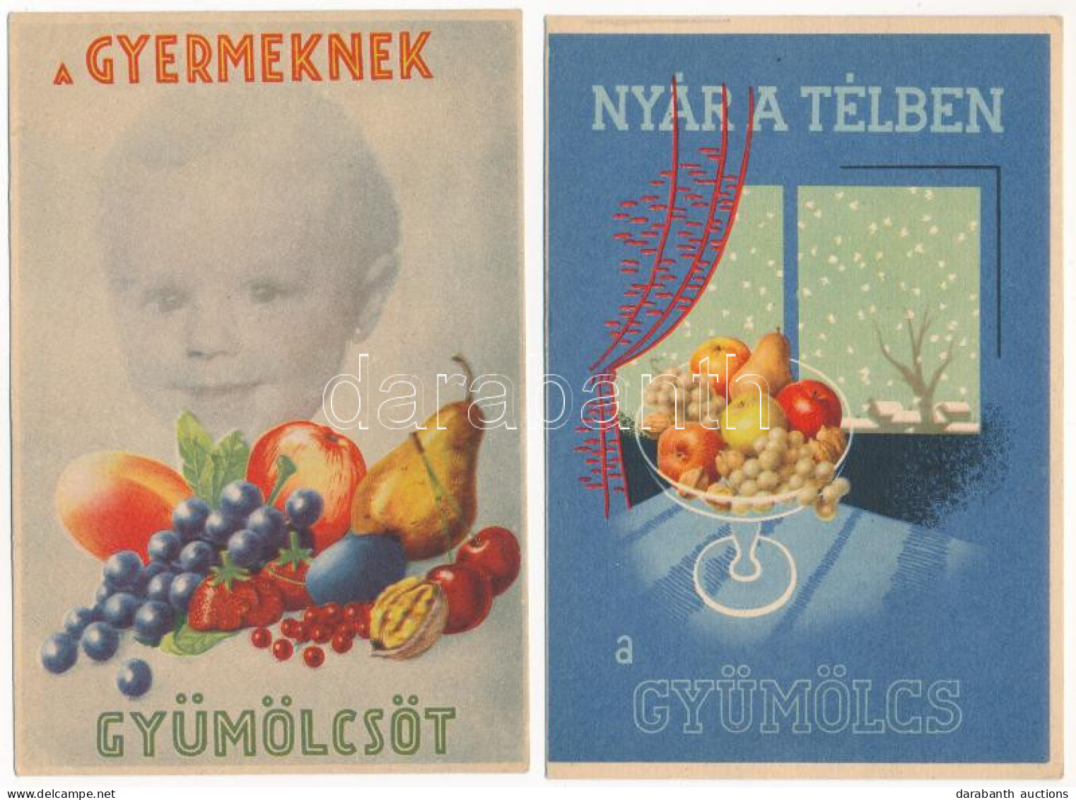 **, * 2 Db RÉGI Magyar Gyümölcsöt Reklámozó Egészségügyi Propaganda Lap, C-vitamin Táblázat A Hátoldalon / 2 Pre-1945 Hu - Non Classés