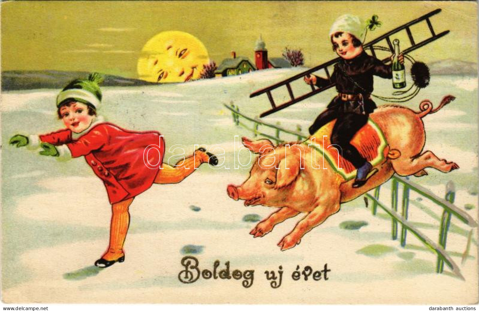 T2 1935 Boldog új évet! Malacon Lovagló Kéményseprő / New Year Greeting, Chimney Sweeper Riding On A Pig - Zonder Classificatie