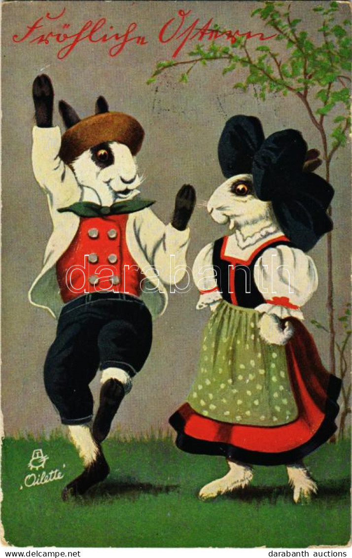 T2/T3 1912 Fröhliche Ostern / Húsvéti üdvözlet Táncoló Nyuszikkal / Easter Greeting With Dancings Rabbits. Raphael Tuck  - Sin Clasificación