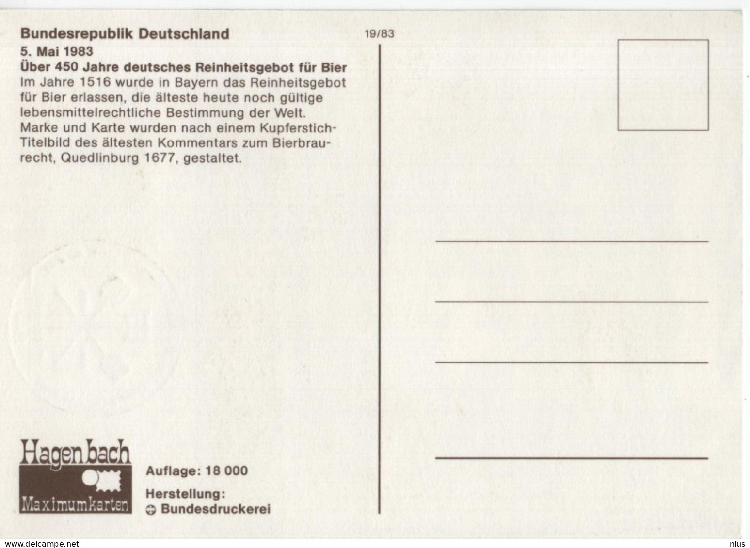 Germany Deutschland 1983 Maximum Card, Über 450 Jahre Deutsches Reinheitsgebot Für Bier, Beer, Canceled In Bonn - 1981-2000