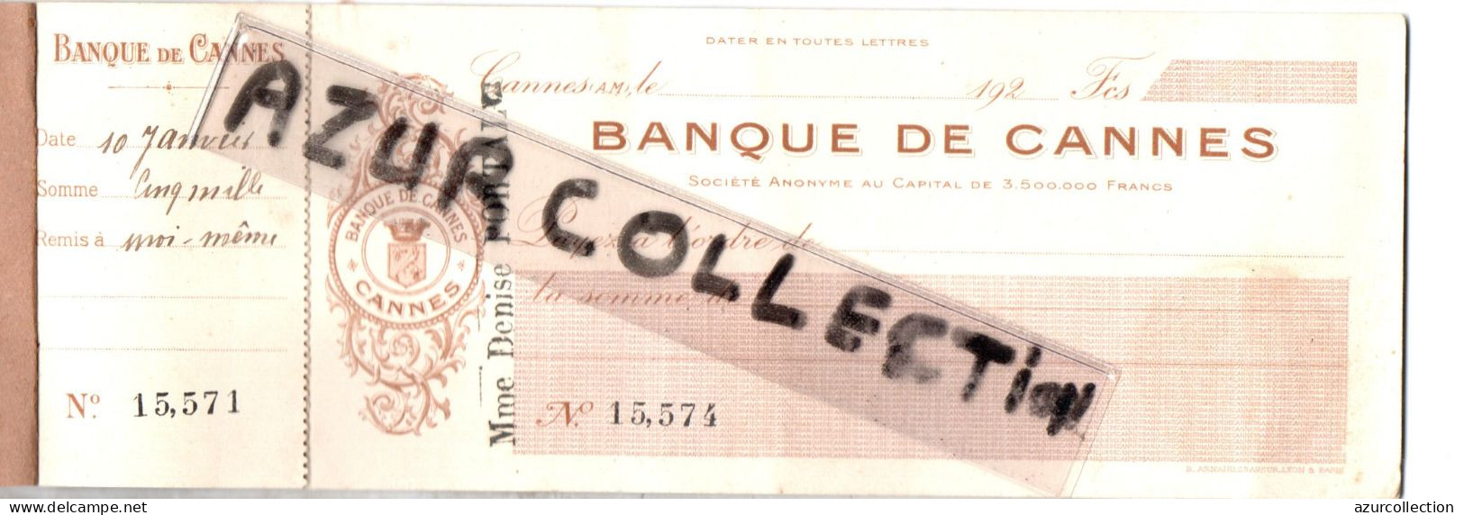 BANQUE DE CANNES . CARNET DE CHEQUE 1920 - Schecks  Und Reiseschecks