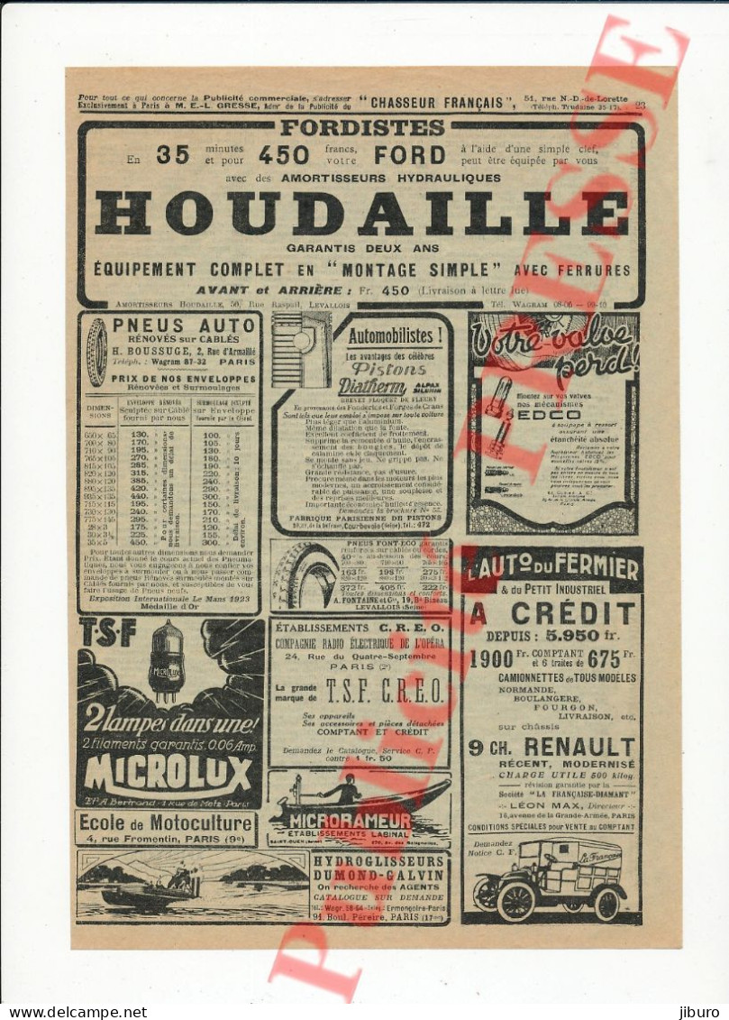 Publicité 1926 Fordistes Amortisseurs Houdaille Hydroglisseur Dumond-Galvin Boussuge Paris Diatherm Edco Microlux - Publicités