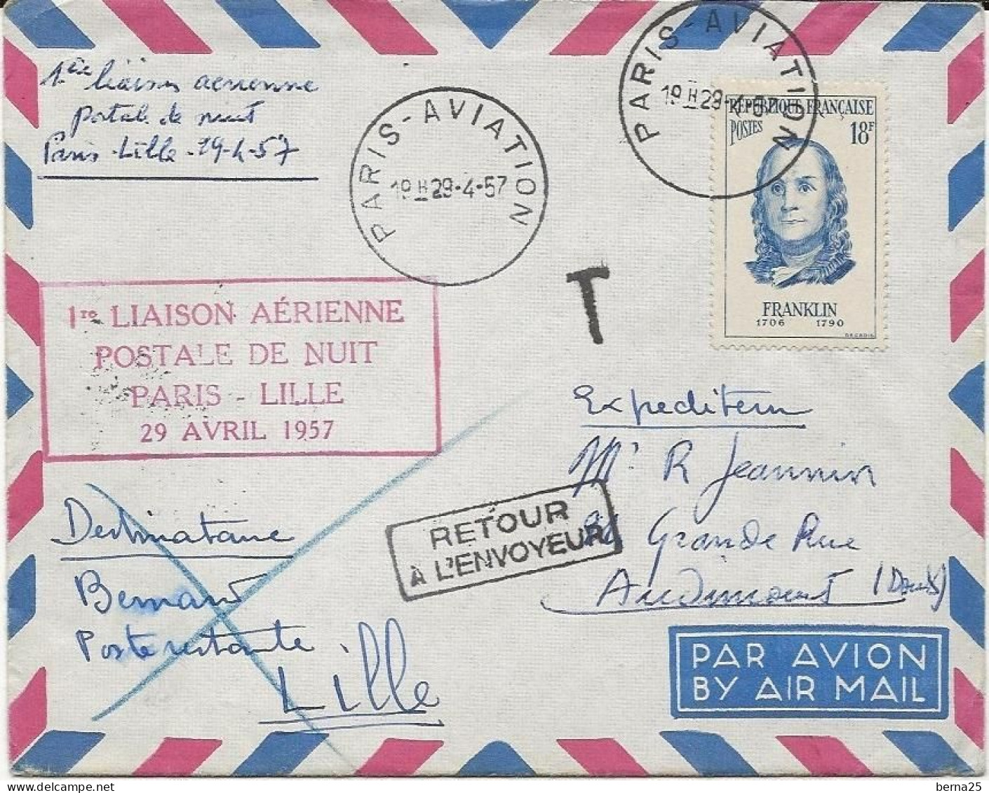 PREMIERE LIAISON POSTALE AERIENNE DE NUIT PARIS-LILLE 29 AVRIL 1957 LETTRE TAXEE PARIS AVIATION - Aviones