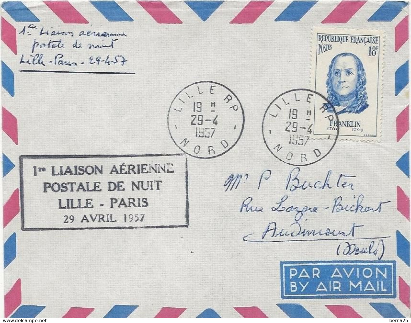 PREMIERE LIAISON POSTALE AERIENNE DE NUIT LILLE-PARIS  29 AVRIL 1957 - Aviones