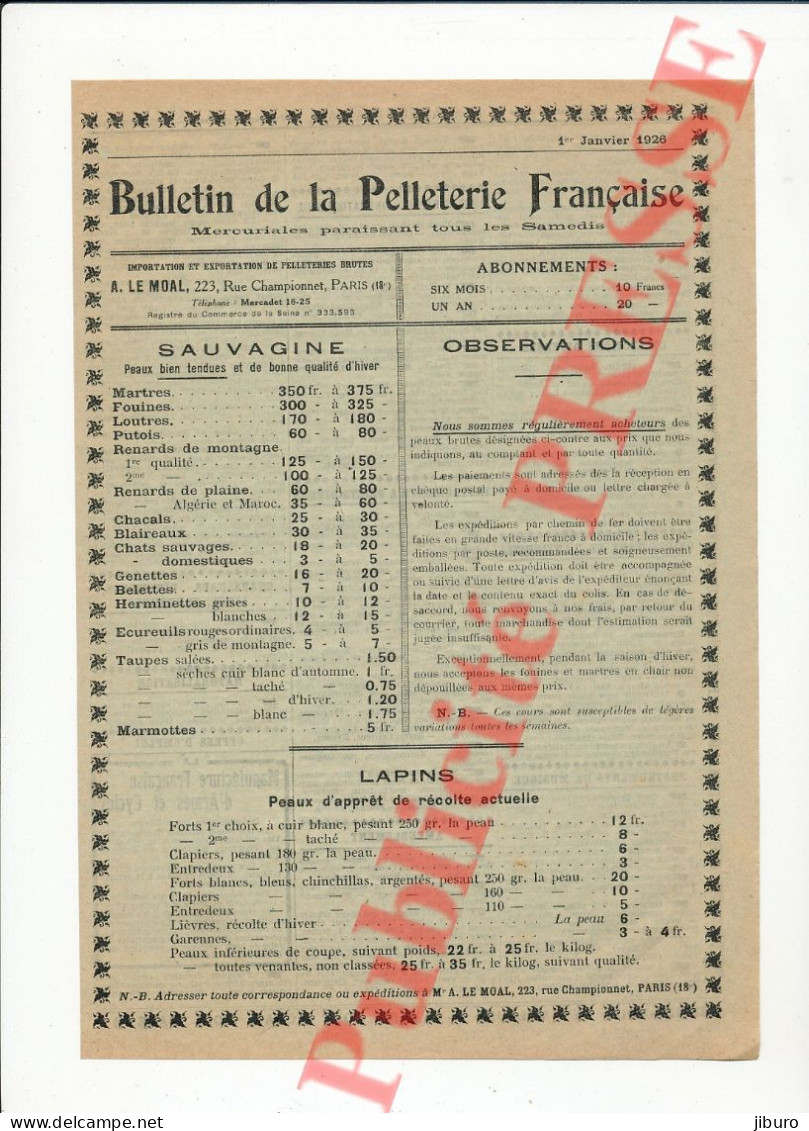 Publicité 1926 Le Moal Paris Pelleterie Française Peaux Animal Martre Chat Sauvage Genette Belette Loutre Marmotte Taupe - Publicités